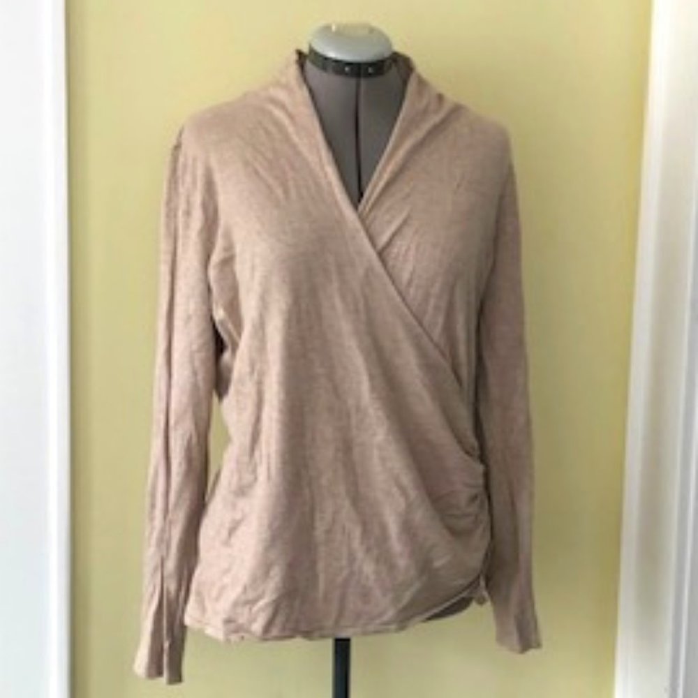 Oatmeal brown simulated wrap sweater with side button detail